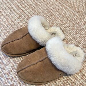 UGG Tan Suede Slippers with White Fur